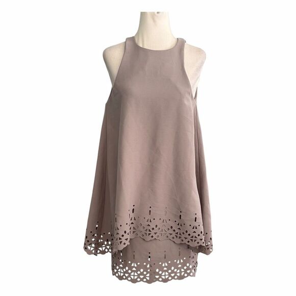 Bec + Bridge Laser Cut Mini Dress Taupe Gray Flowy Layered Knit 2 - Picture 3 of 9